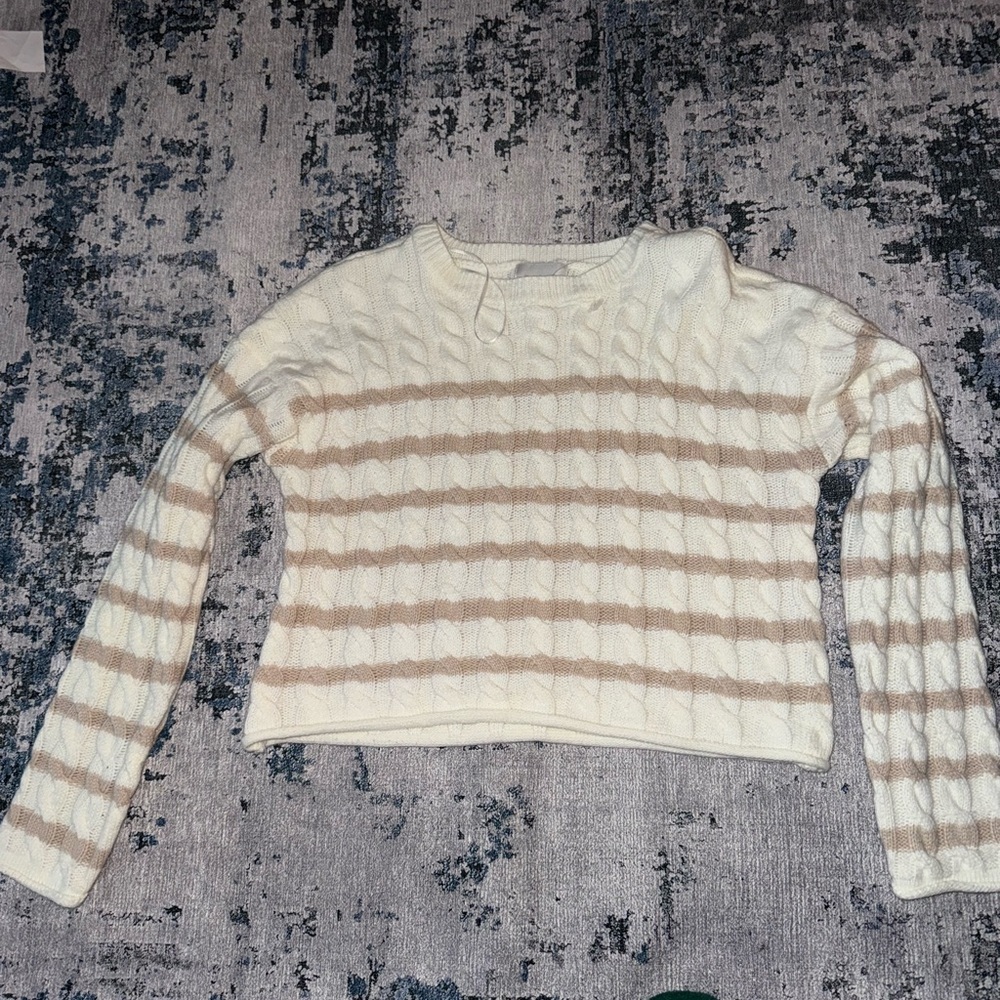 Pink Rose Cropped Cream and Tan Crew Neck Sweater